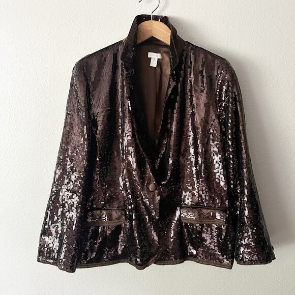 Chico's Size 3 Shining Tux Sheron Jacket Women's Size XL Brown Sequin & Satin - Picture 1 of 12